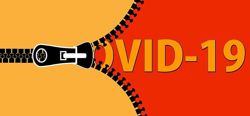 Zipper on yellow-red background that pulls open to reveal Covid-19 lettering